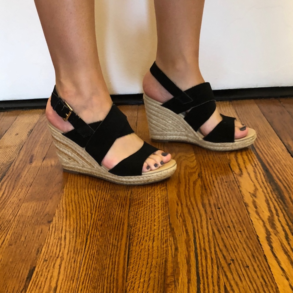 Black suede wedge sandals